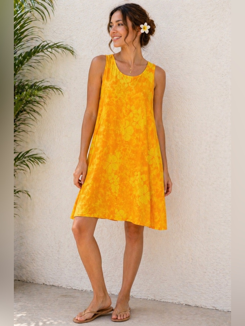Young Fashion Honolulu Hawaiian Dress OS Luau Yellow Floral Hand Painted NWT